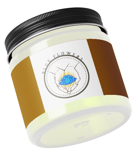 Blue Flowers wellness body butter in a jar with black lid