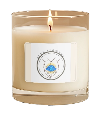 Blue Flowers scented candle with lit flame